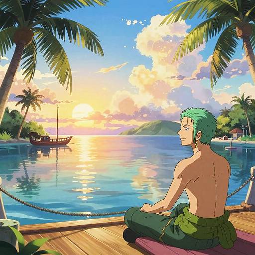 Shirtless anime boy with green hair and pants sits on a pier, watching a vibrant sunset over a calm ocean. Palm trees frame the scene.