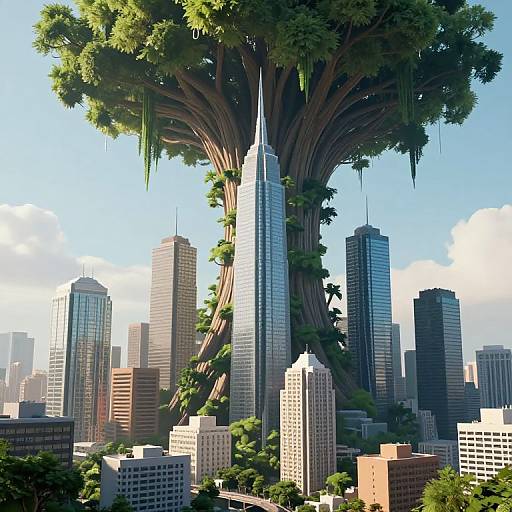 Digital artwork of a city with towering, tree-like skyscraper at center, surrounded by smaller buildings, vibrant greenery, and a clear blue sky.