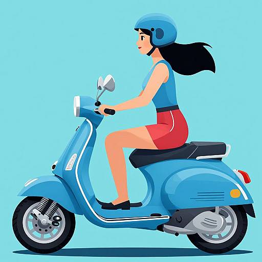 Digital illustration of a woman with long black hair, wearing a blue helmet, blue tank top, and red shorts, riding a blue scooter.