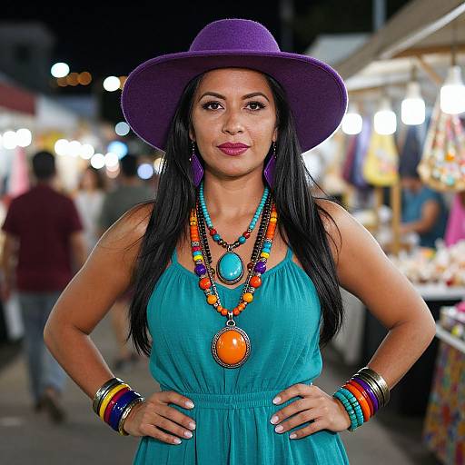 Confident Woman at Vibrant Night Market