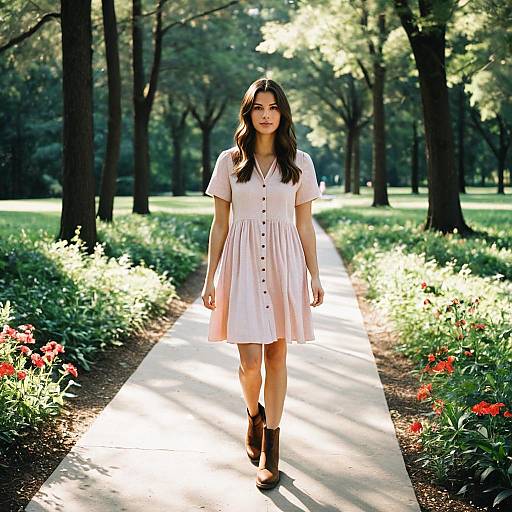 Woman in Pink Dress Walking on Park Path