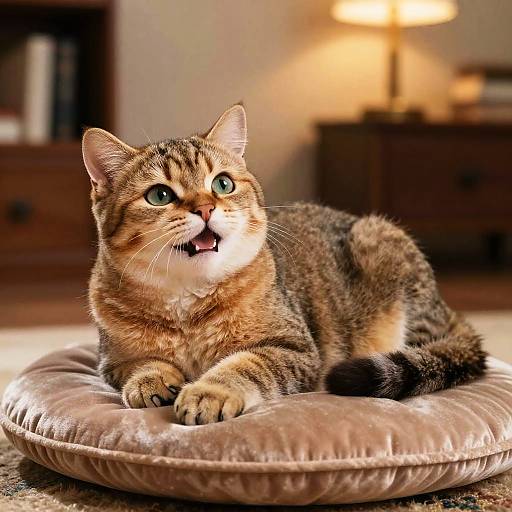 Charming Playful Cat on Velvet Cushion