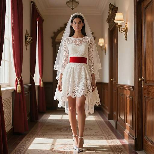 Young Bride in White Lace Mini Dress with Red Belt