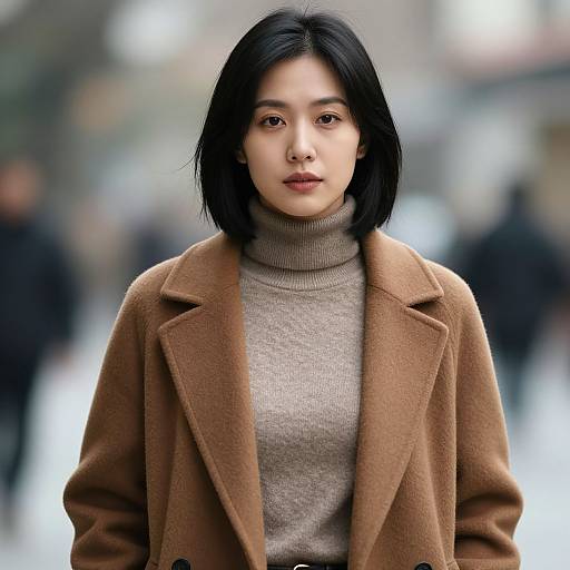Photograph of an Asian woman with short black hair, wearing a brown coat over a gray turtleneck, standing in a blurred urban street background.
