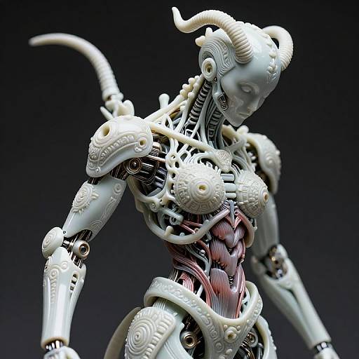 CGI art of a humanoid robot with intricate white mechanical and organic details, including horns, exposed muscles, and gears against a dark background.
