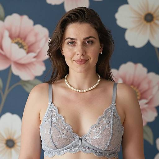 Woman in Light Gray Lace Bra with Pearl Necklace