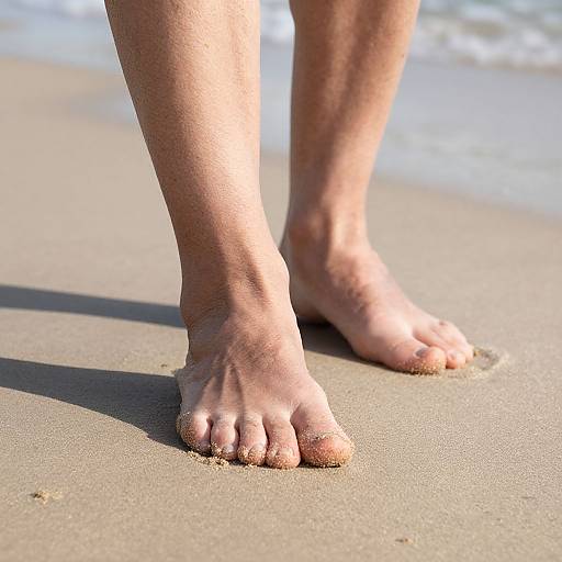 Photograph of bare feet with sand-covered toes standing on a sunny beach, with gentle waves in the background.