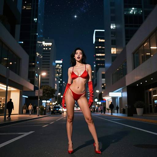 Woman in Red Bikini and Gloves on City Street at Night
