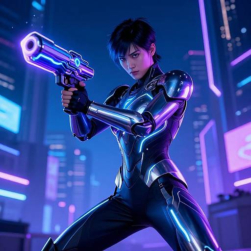 CGI image of a black-haired woman in a shiny, blue-purple armored suit, holding a glowing purple gun, in a neon-lit futuristic city
