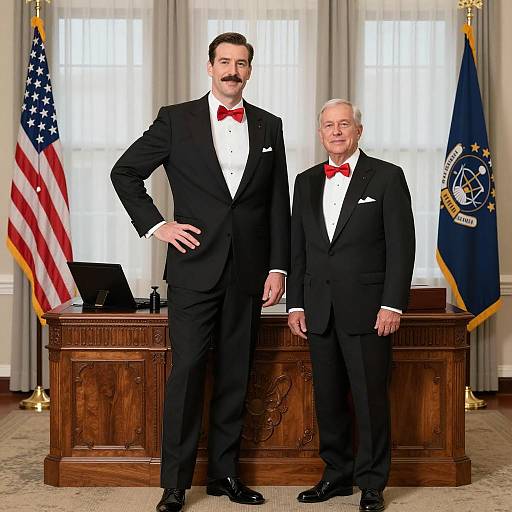 Two Men in Tuxedos with Red Bow Ties in Formal Office