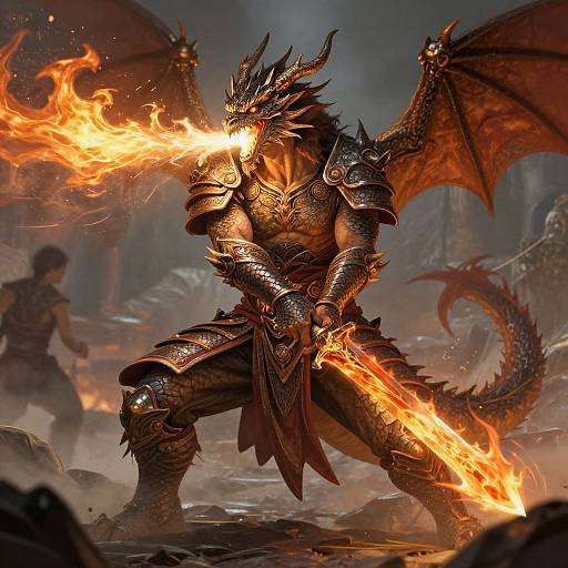Digital fantasy artwork of a fierce, armored dragon warrior with fiery breath, large wings, and a glowing sword, in a smoky, rocky battlefield.
