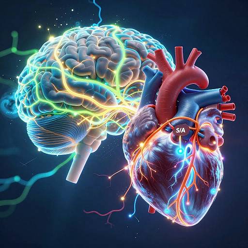 Digital illustration of a glowing brain and heart with colorful electric currents, labeled 