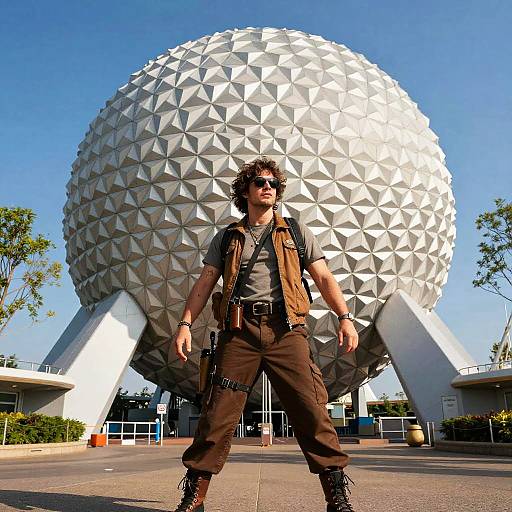 Photograph of a curly-haired man in sunglasses, brown vest, and cargo pants, standing confidently in front of Disney's Spaceship Earth.