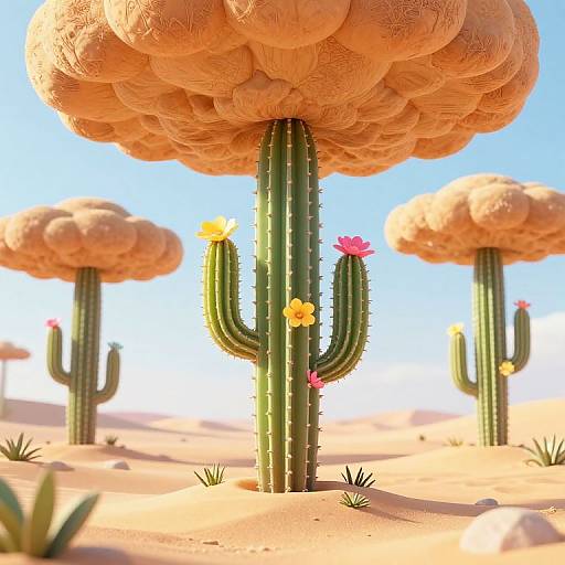Whimsical CGI desert scene with cactus plants topped with large, orange, cloud-like shapes; colorful flowers bloom on the cacti, set