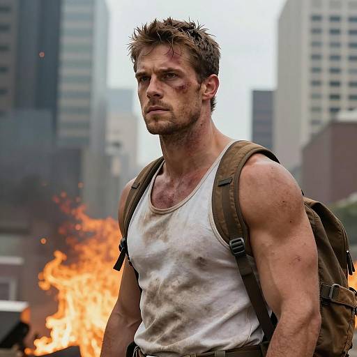 Determined Man Amidst Fiery Urban Scene