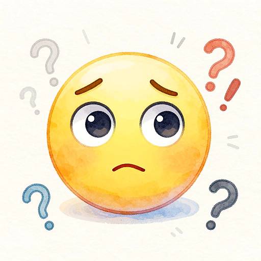 Colorful digital drawing of a confused yellow emoji with raised eyebrows, large black eyes, and a frowning mouth, surrounded by red, blue, and
