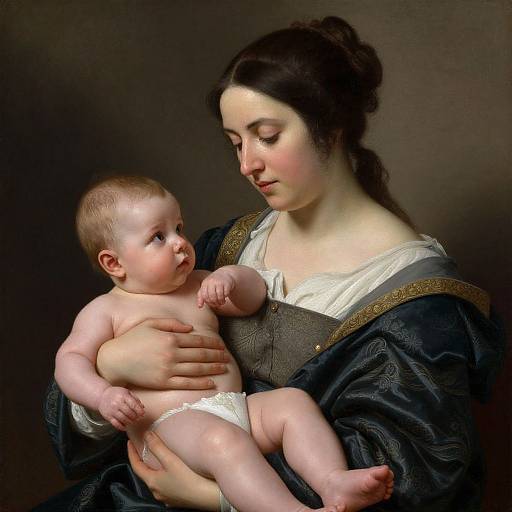 Photorealistic painting of a fair-skinned woman with dark hair, gently holding a chubby, naked baby with white diaper, against a dark background.