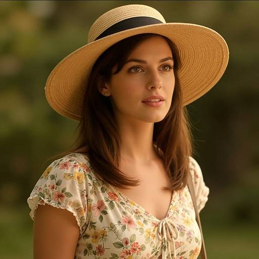 Photograph of a young woman with fair skin, brown hair, wearing a straw hat and floral dress, standing outdoors with a green blurred background.