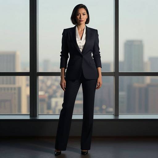 Photograph of a confident Asian woman with short black hair, wearing a black suit and white blouse, standing in front of large window with a blurred city