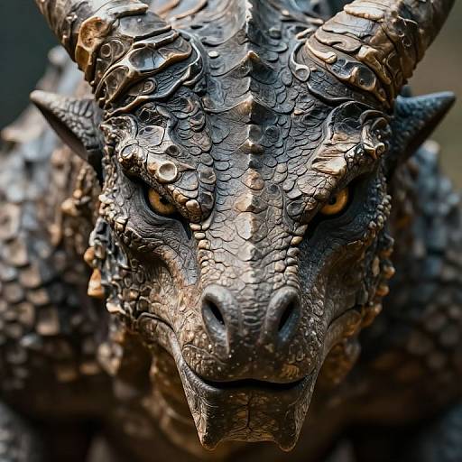 Photorealistic close-up of a detailed, textured dragon sculpture with dark, scaly skin, golden eyes, and prominent horns, exuding a fierce