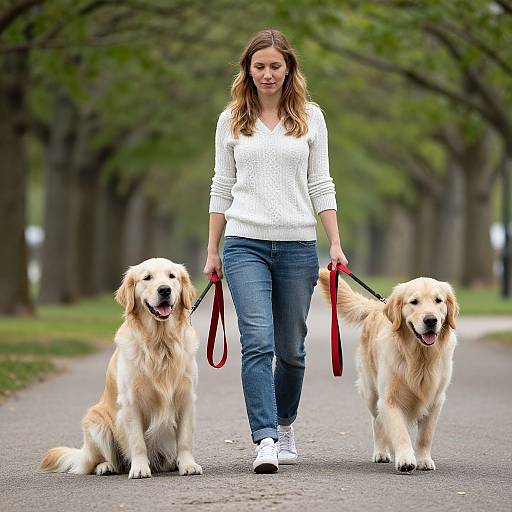 Woman Walking with Two Golden Retrievers