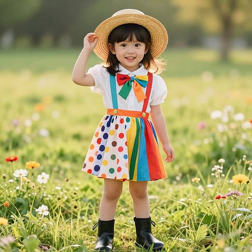 Joyful Girl in Colorful Meadow Outfit