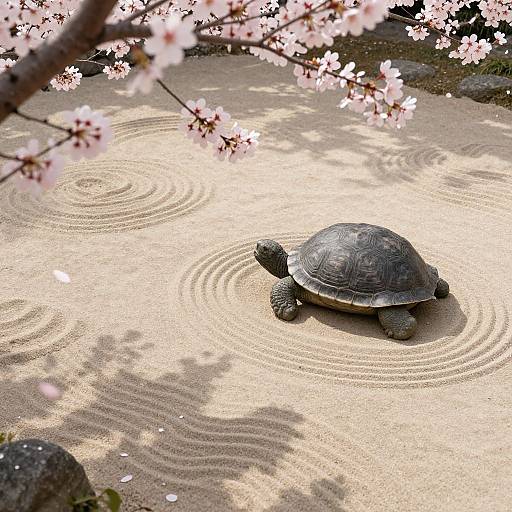 Photograph of a turtle on a sandy, raked garden path beneath cherry blossom branches, creating serene circular patterns.
