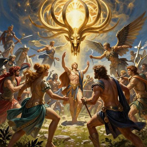 Epic fantasy artwork: Muscular, shirtless warriors with swords and wings, surrounded by glowing golden horns, confront a central, radiant figure. Dynamic