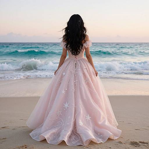 Photograph of a woman with long black hair wearing a pink, star-embellished ball gown, standing on a beach at sunset, facing the