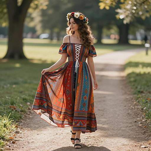 Young woman in bohemian dress walking in park