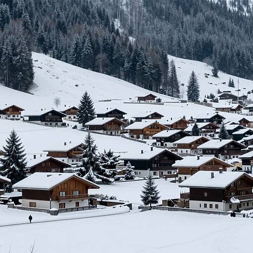 Photograph of a snowy Alpine village with wooden chalets, snow-covered roofs, and scattered evergreen trees, set against a forested hillside.