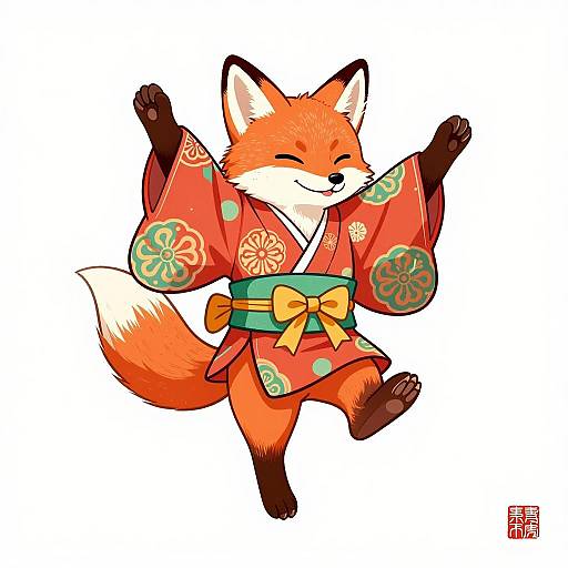 Leaping Fox in Vibrant Kimono Illustration
