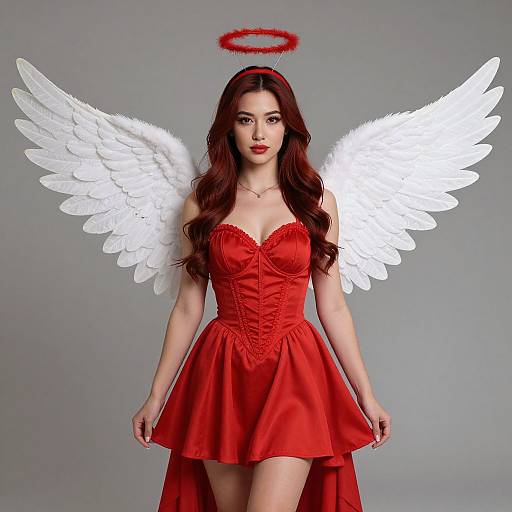 Photograph of a young woman with long red hair, white feathered wings, red halo, and red strapless dress, standing against a gray background