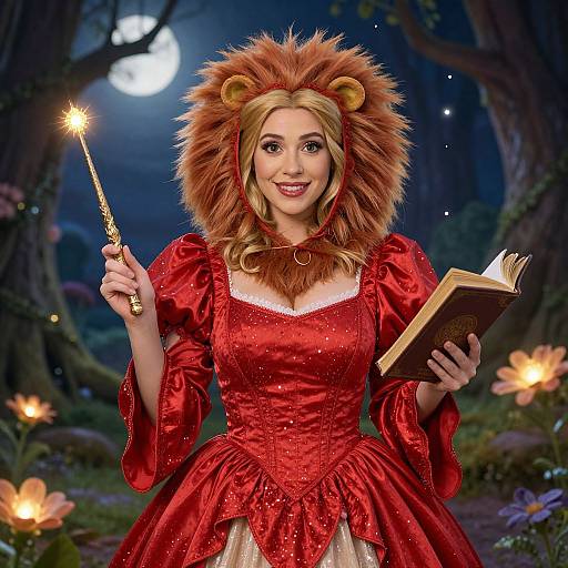 Photograph of a blonde woman in a red, sparkling, medieval dress with a lion mane headpiece, holding a wand and book under a moonlit