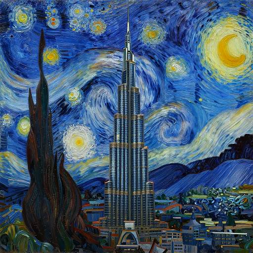Burj Khalifa in Van Gogh's Starry Night Style