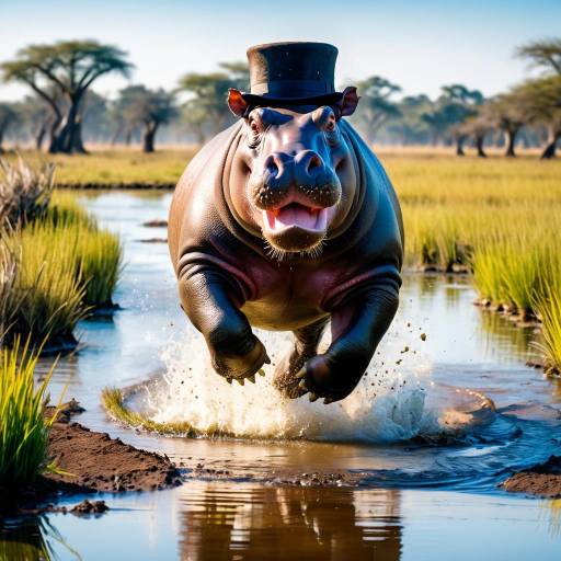 Hippo Wearing Top Hat Splashing Through Water