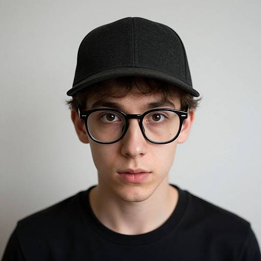 Photograph of a young man with pale skin, dark brown eyes, wearing black-rimmed glasses, a black cap, and black shirt, against
