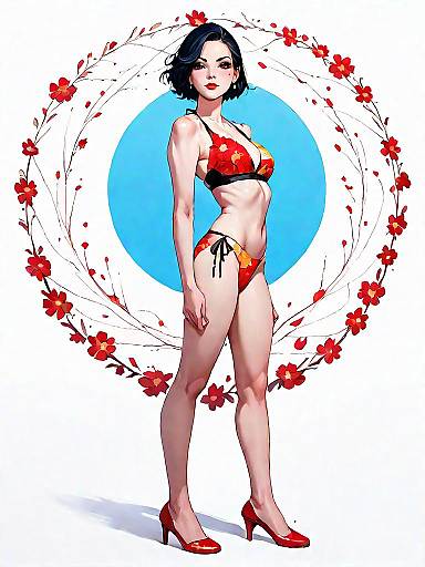 Realistic Full-Body Woman in Floral Bikini