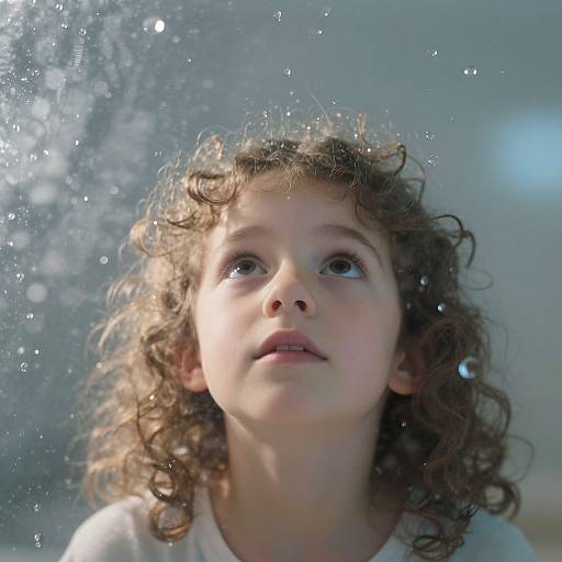 Photograph of a young girl with curly brown hair, gazing up in wonder, underwater bubbles floating around her face.