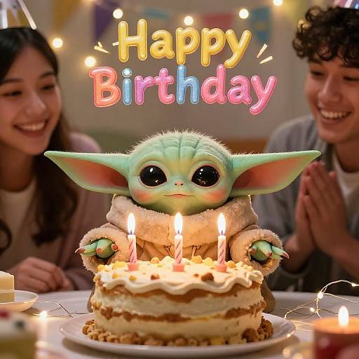 Photograph of a cute green, big-eyed creature with large ears wearing a fuzzy coat, sitting on a lit birthday cake, surrounded by smiling people,