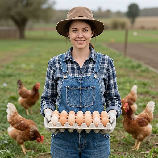 Photograph of a smiling woman in denim overalls and plaid shirt, holding a tray of brown eggs, surrounded by brown chickens in a grassy