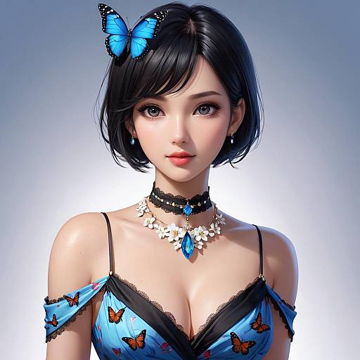 Blue Butterfly Elegant Floral Portrait