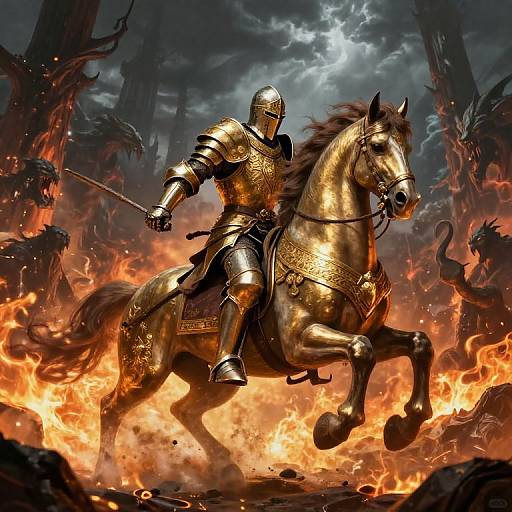 Digital art of a golden-armored knight charging on a galloping horse through fiery battlefield, wielding sword, dark stormy sky background.