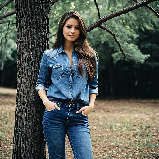Young Woman Wearing Denim Shirt and Jeans Outdoors