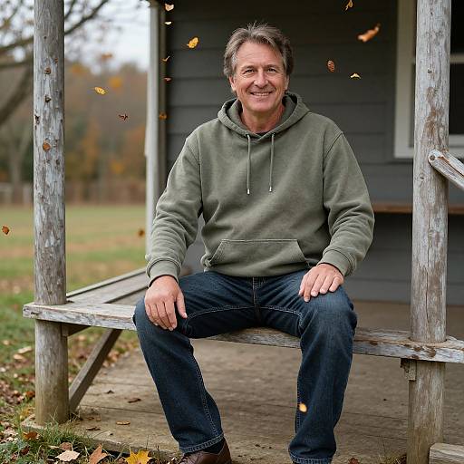 Photograph of middle-aged man with gray hair, smiling, wearing olive hoodie and blue jeans, sitting on wooden bench under small porch. Autumn leaves falling