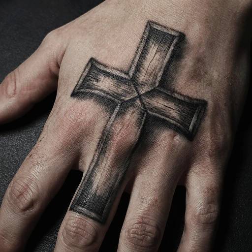 Photograph of a male hand with a detailed black cross tattoo on the back, featuring shaded, textured lines and a wooden pattern. Dark background.