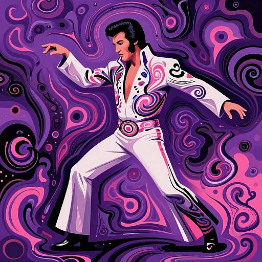 Digital illustration of a dancing man in a white suit with pink and black swirls, set against a vibrant purple and pink abstract background. Dynamic, energetic