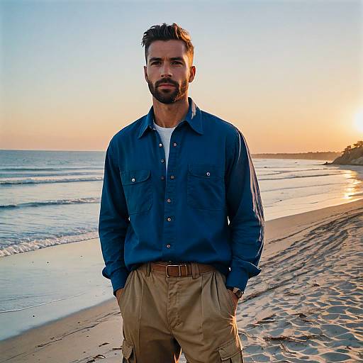 Athletic Man in Workwear at Sunset Beach
