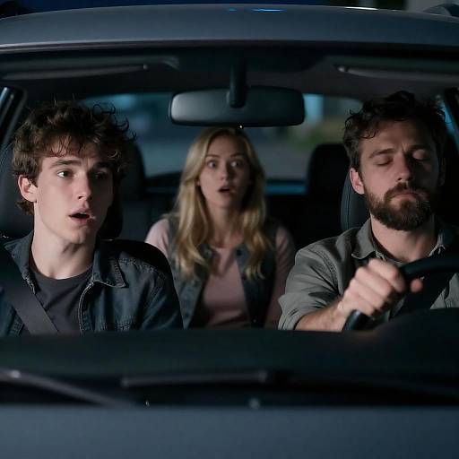 Nighttime Car Scene with Three Characters
