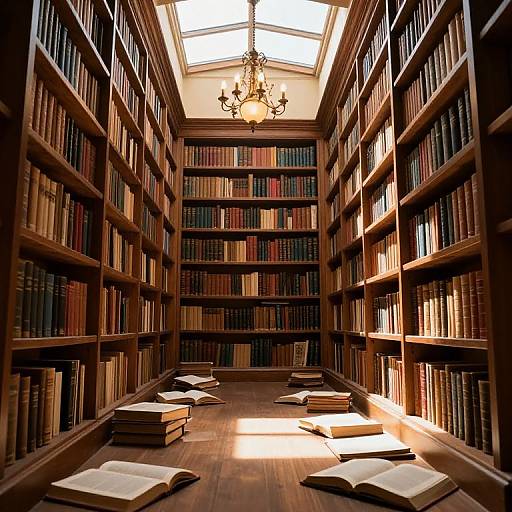 Photograph of a sunlit, wooden library aisle with tall bookshelves filled with colorful books, scattered open books on the floor, and a ch